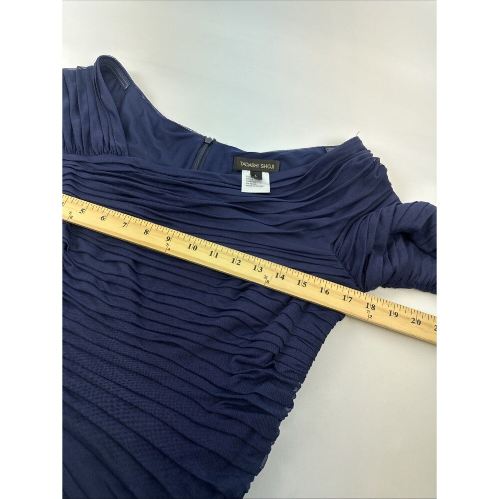 Tadashi Shoji Asymmetric Ruched Sleeve Gown Navy Chiffon Fitted Mermaid Large - Picture 14 of 16